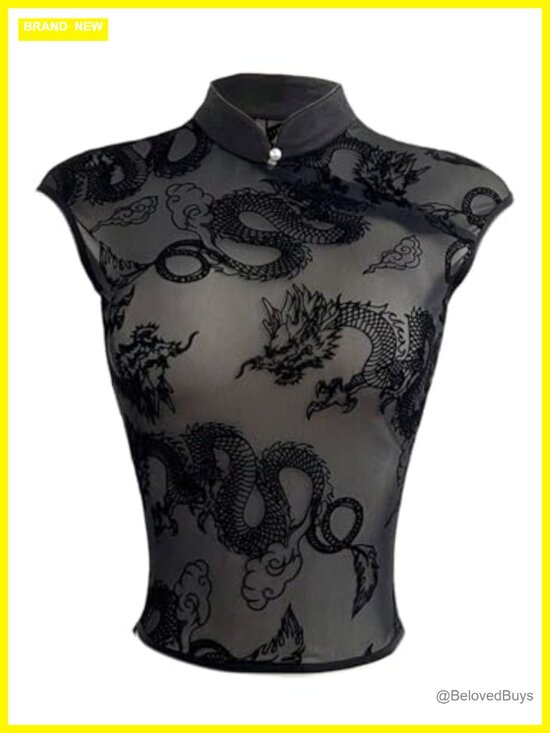 Tops - Sheer Mesh Dragon Print Cap Sleeve Y2K Going Out Top